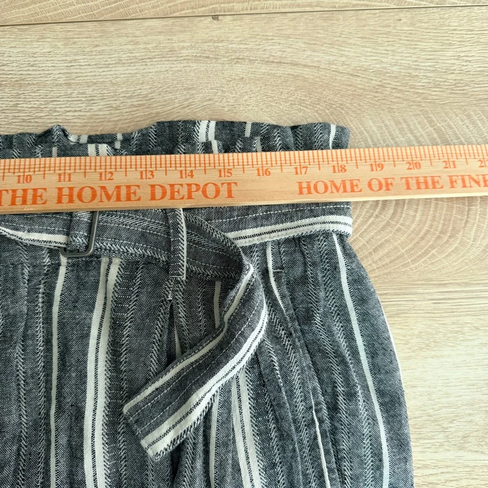 Banana Republic Wide Leg Linen Blend Pants Women 12P Grey Striped Paperbag Waist